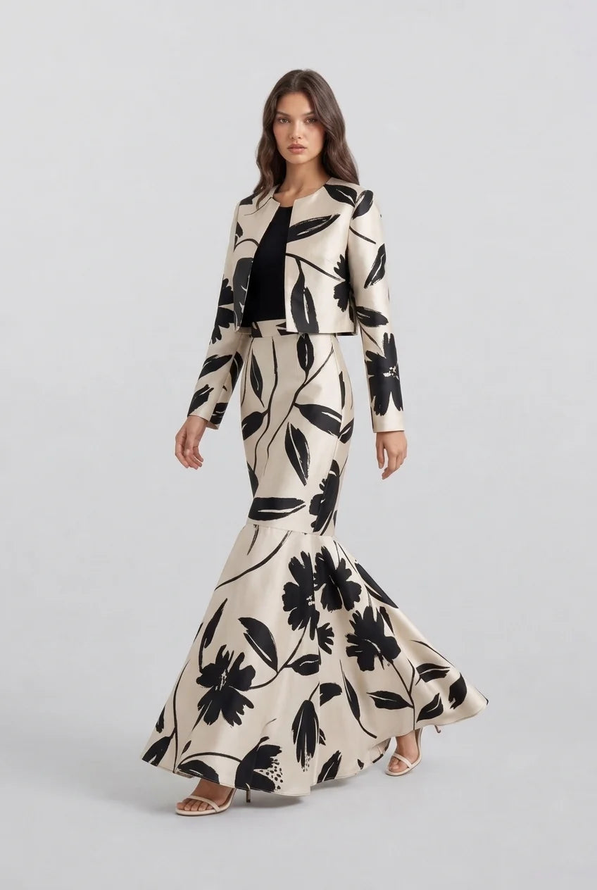 Floral Print Cropped Jacket and High Waisted Mermaid Skirt Two Piece Set [erp-image:3e03d603d9bd45e3699ba301]