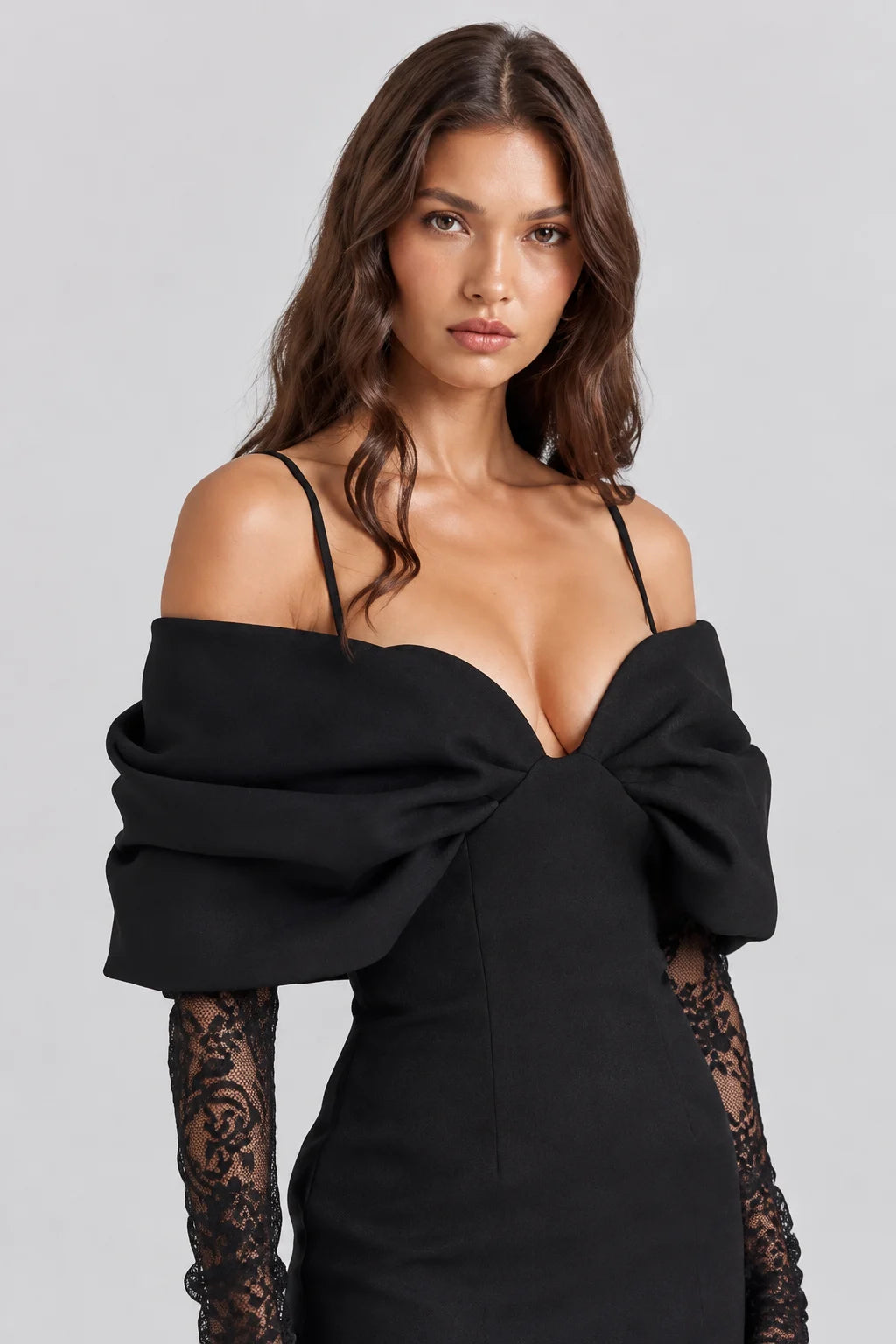 Women Black Cold Shoulder Bow Mini Dress and Sheer Lace Maxi Skirt Two Piece Set [erp-image:fb1691bed769d9a5e33e5a0a]
