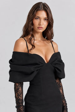 Women Black Cold Shoulder Bow Mini Dress and Sheer Lace Maxi Skirt Two Piece Set [erp-image:fb1691bed769d9a5e33e5a0a]