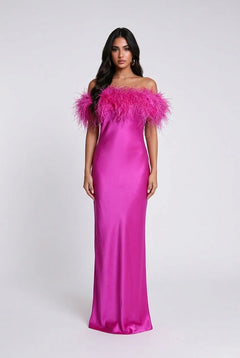 Feather Trim Off-the-Shoulder Satin Column Maxi Dress [erp-image:b80ff1cdcb30b64281e25a51]