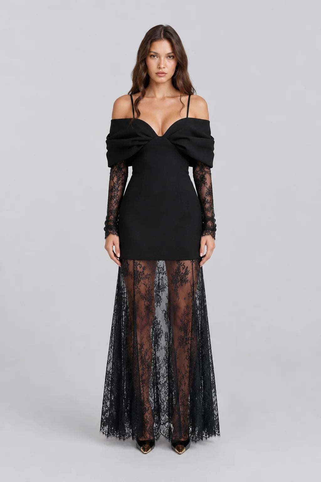 Women Black Cold Shoulder Bow Mini Dress and Sheer Lace Maxi Skirt Two Piece Set [erp-image:9d585e8f6c0cf82db2a36a37]