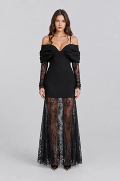 Women Black Cold Shoulder Bow Mini Dress and Sheer Lace Maxi Skirt Two Piece Set [erp-image:9d585e8f6c0cf82db2a36a37]
