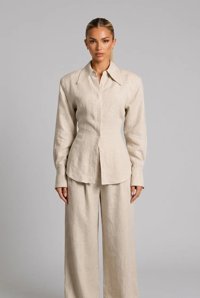 Long Sleeve Button Down Shirt and Wide Leg Pants Two Piece Set [erp-image:5139066d0dd60f7ba3ac8d5c]