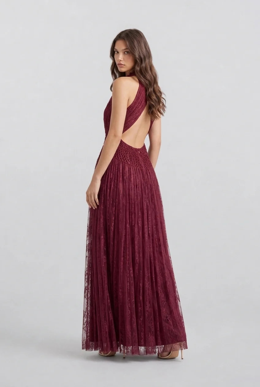 Burgundy Halter High Neck Pleated Mesh Sleeveless Maxi Evening Dress [erp-image:67e0302ed2927c99501e3063]