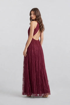 Burgundy Halter High Neck Pleated Mesh Sleeveless Maxi Evening Dress [erp-image:67e0302ed2927c99501e3063]