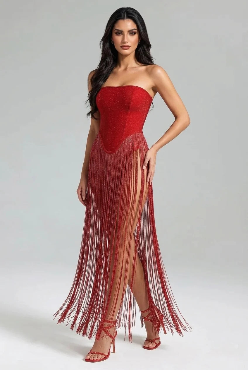 Red Strapless Bandeau Fringe Tassel Maxi Evening Dress [erp-image:e4813f4057c4a32fad8317d6]