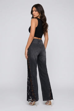 Women's Black High Rise Flare Jeans with Sheer Floral Lace Panels [erp-image:5a9fe9a5a71c758c77af5a7b]