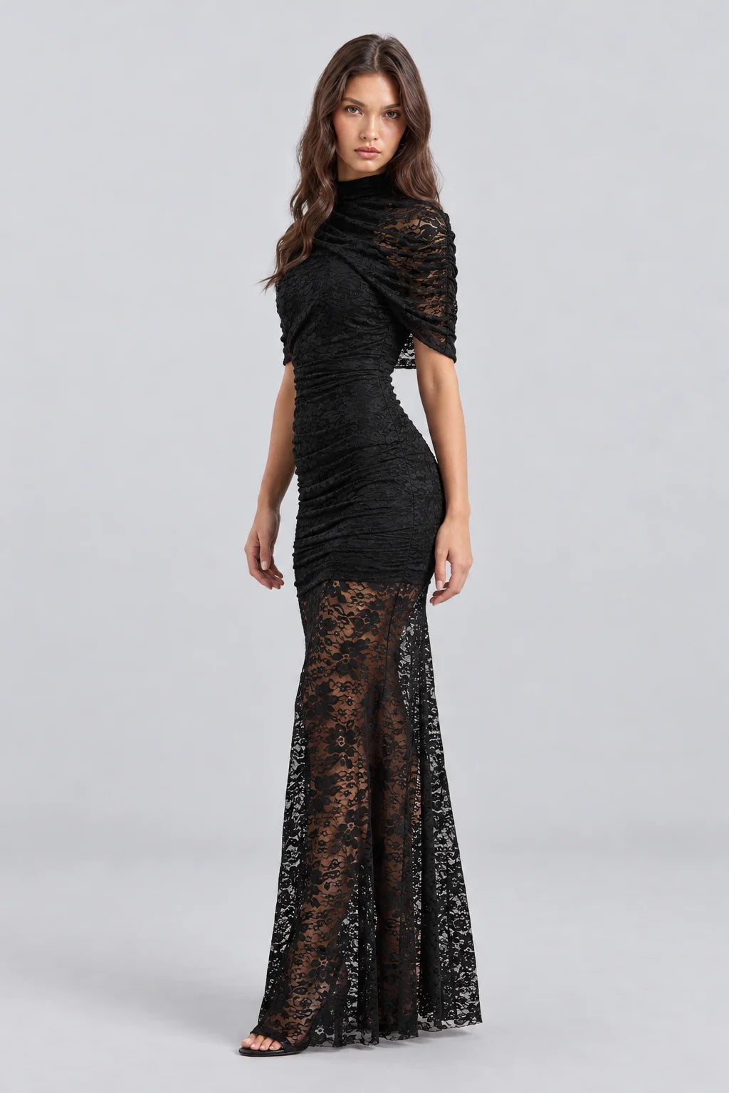 High Neck Ruched Black Floral Lace Semi Sheer Column Maxi Dress [erp-image:08e662d46fe12111466675ce]