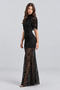 High Neck Ruched Black Floral Lace Semi Sheer Column Maxi Dress [erp-image:08e662d46fe12111466675ce]