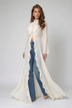 Ivory Ruffle Trim High Neck Sheer Chiffon Maxi Blouse Duster Top [erp-image:2ec6aaa7b16196d572140e45]