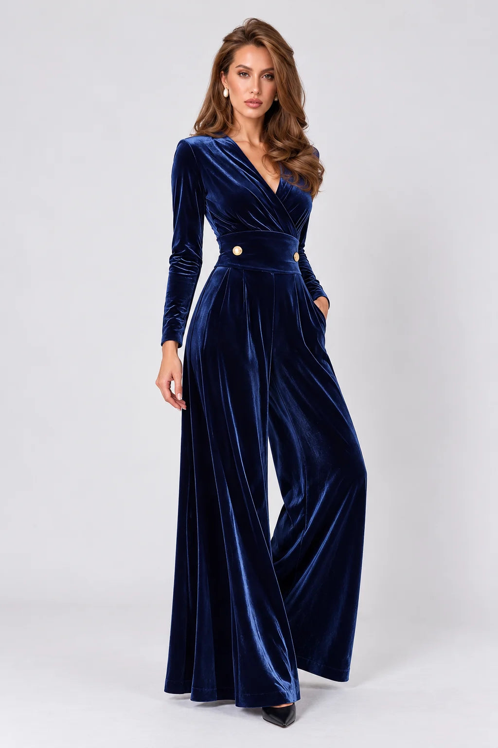Navy Blue Velvet Wrap V-Neck Wide Leg Long Sleeve Jumpsuit [erp-image:824eb9200aae9f022e3a6250]