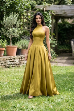 Olive Green Satin Halter Neck Drop Waist Pleated Formal Gown Maxi Dress [erp-image:8674a2822ddde19b206dd63f]