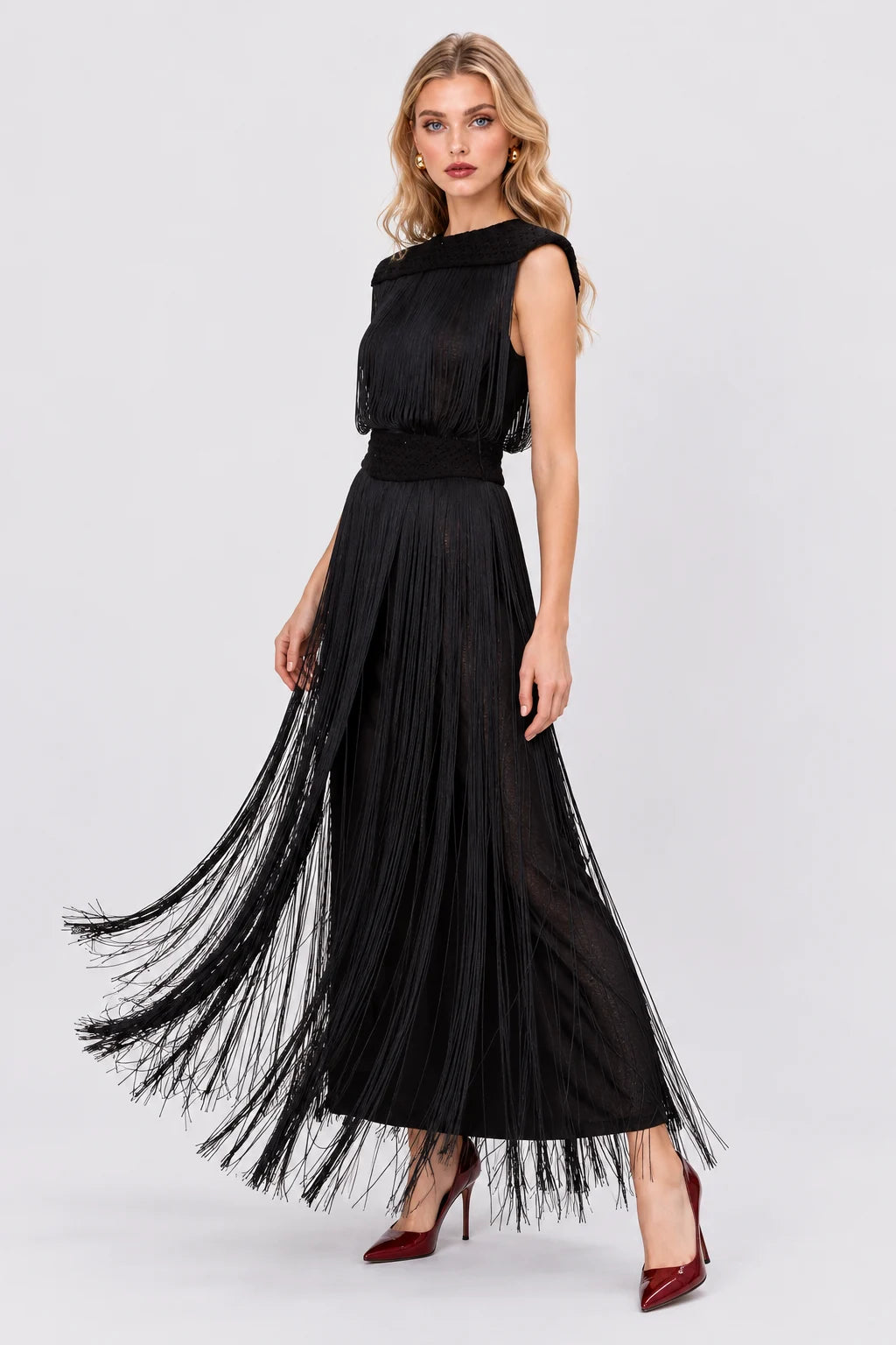 Women's Black Fringe Sleeveless Top and Maxi Skirt Two Piece Set [erp-image:929a13b67cdbafde9e20a01f]