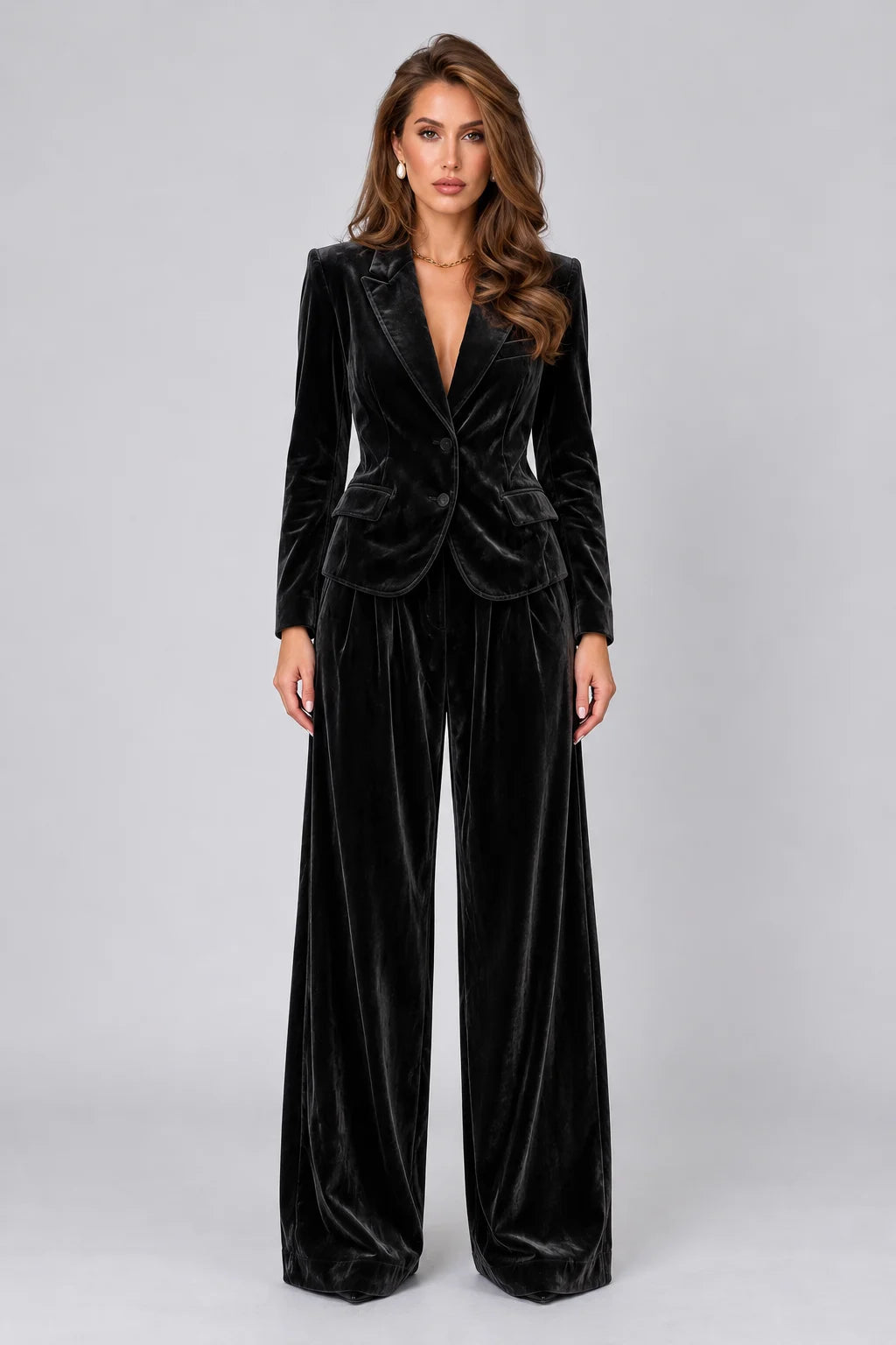 Women's Velvet Notch Lapel Blazer and Wide Leg Trousers Two Piece Suit Set [erp-image:0841e829a568ab1850d46cce]