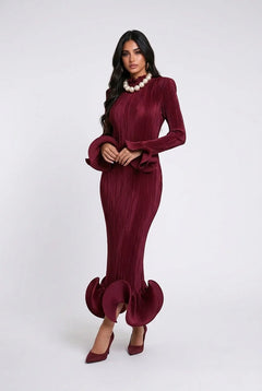 Pleated High Neck Long Sleeve Fluted Cuff Maxi Dress [erp-image:b740583bfed8422bc619e1b8]