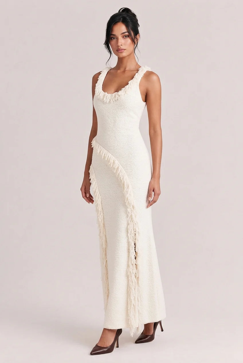 Tweed Knit Scoop Neck Sleeveless Fringe Trim Slit Maxi Dress [erp-image:6ba53eef45eb0a221a98fbfd]
