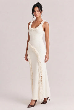 Tweed Knit Scoop Neck Sleeveless Fringe Trim Slit Maxi Dress [erp-image:6ba53eef45eb0a221a98fbfd]