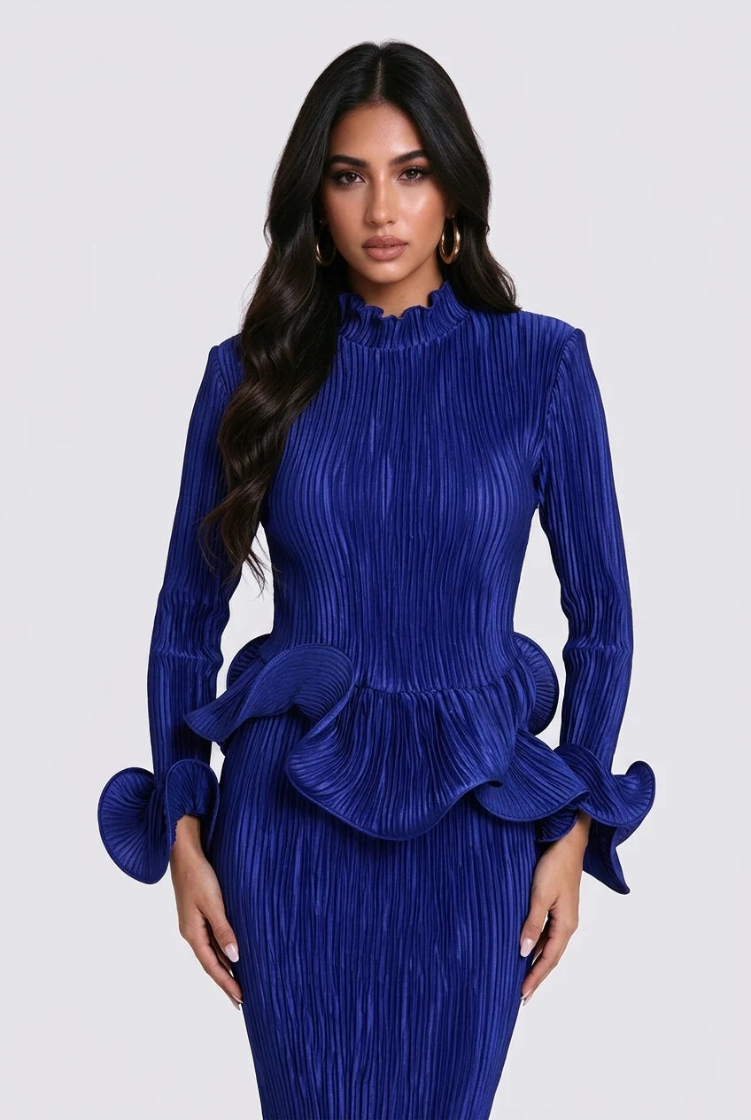 Pleated Peplum Top and Ruffled Midi Skirt Two-Piece Set [erp-image:92ff4b715529c3181821180b]