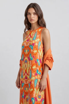 Women's Orange Boho Print Sleeveless Maxi Dress and Long Cardigan Two Piece Outfit Set [erp-image:c8152b8c587a6bf6e3f25666]