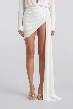 Plunging Deep V-Neck Long Sleeve Draped Mini Dress with Side Sash Train [erp-image:d73f933a99ed96bd3532f4ac]
