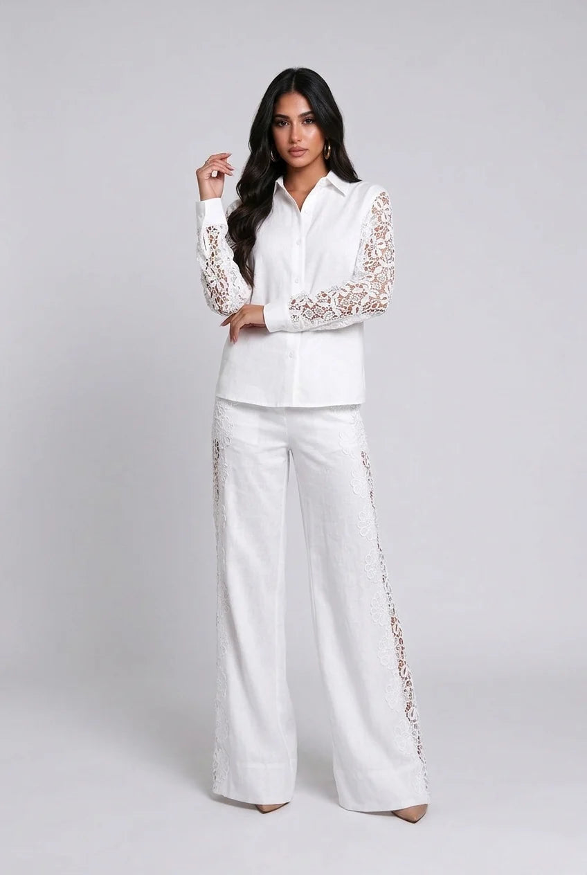 White Lace Panel Long Sleeve Shirt and Wide Leg Pants Two Piece Set [erp-image:f17de8284b3831542377801b]