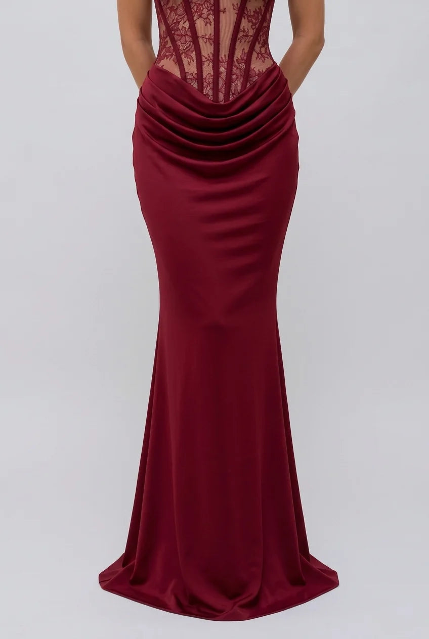 Burgundy Strapless Lace Corset Draped Bodice Floor Length Evening Maxi Dress [erp-image:8f20703b513f79a1ad016516]
