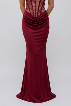 Burgundy Strapless Lace Corset Draped Bodice Floor Length Evening Maxi Dress [erp-image:8f20703b513f79a1ad016516]