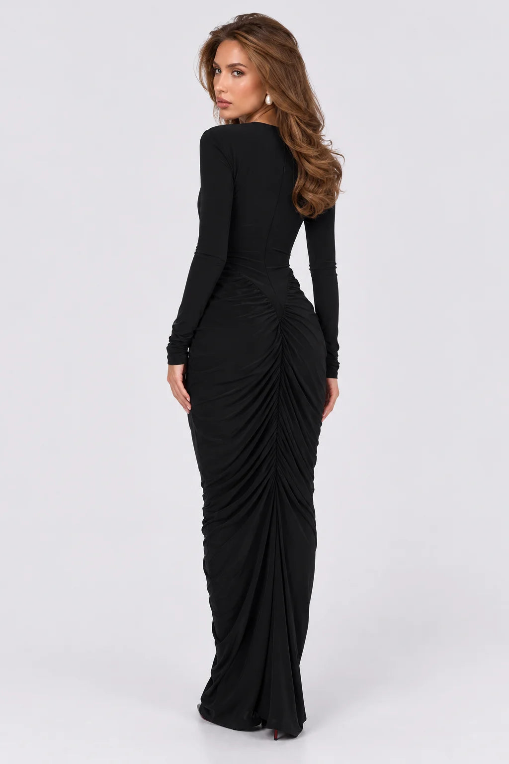 Black Long Sleeve Cutout Front Ruched Fishtail Maxi Evening Dress [erp-image:d4e608444257080bb02b6fe7]