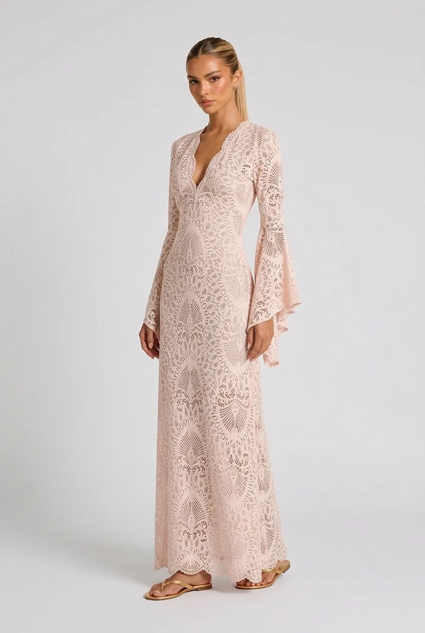 Women's V-Neck Bell Sleeve Scalloped Lace Floor Length Maxi Dress in Blush Pink [erp-image:8f1c302b2011d225e5334a24]