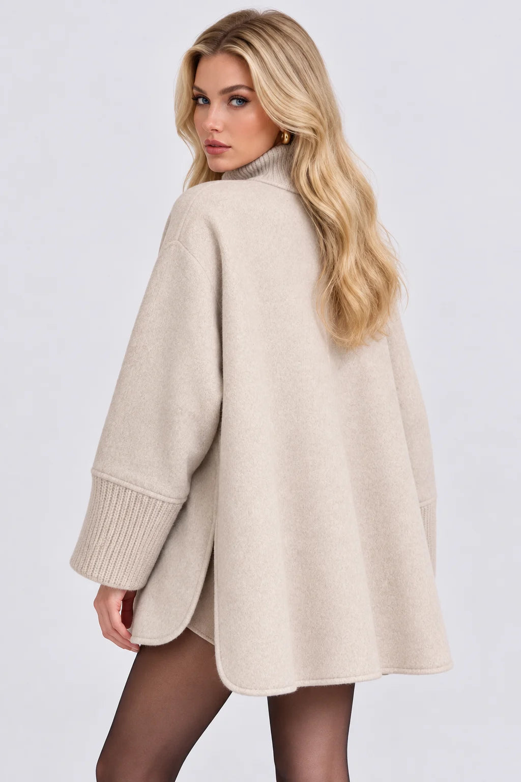 High Neck Button Up Swing Cape Coat with Faux Fur Patch Pockets [erp-image:0baf64f596996fc0ea83e3bd]