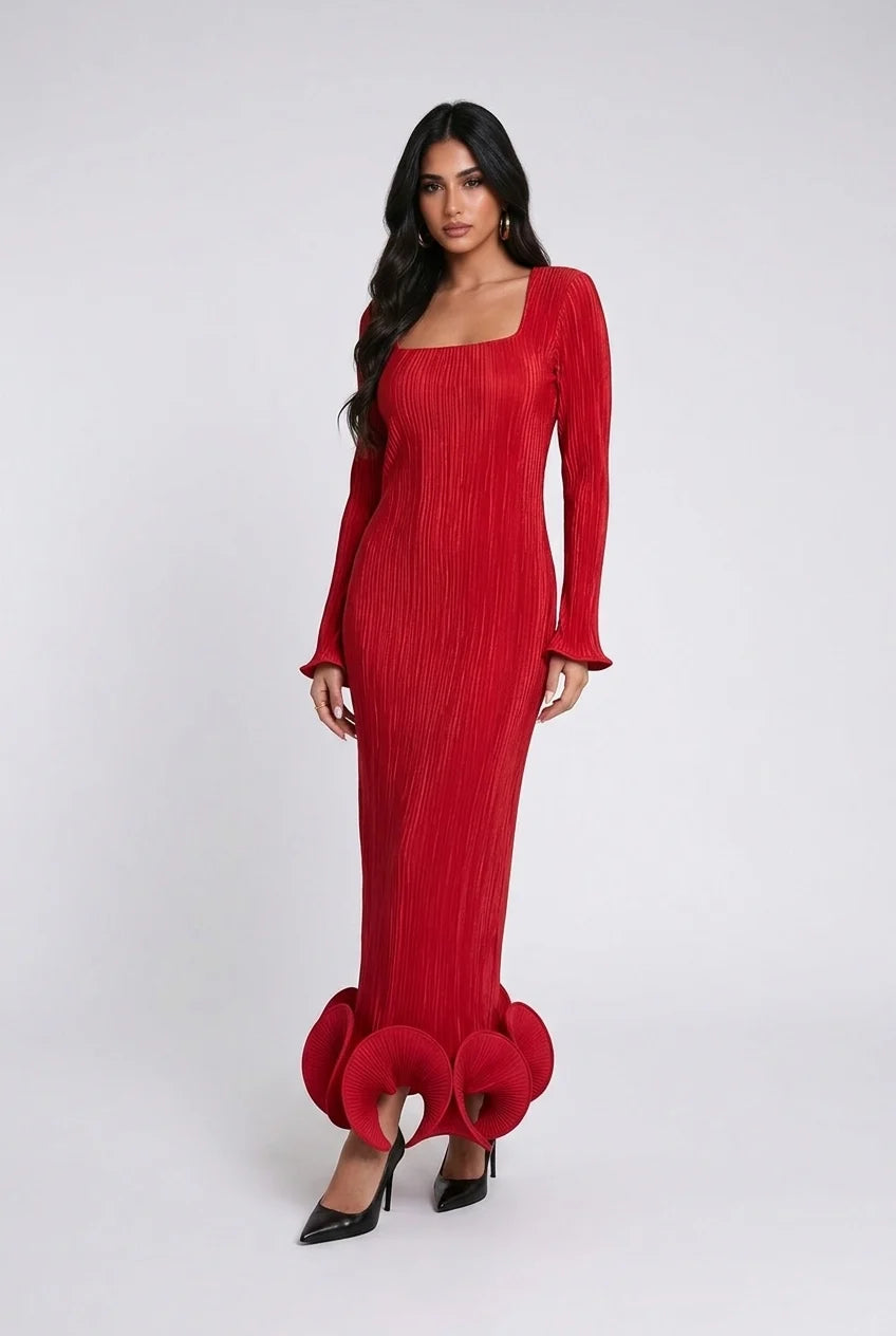 Square Neck Long Sleeve Maxi Dress with Sculptural Petal Hem [erp-image:9b03438c3de1c6271fd8163b]
