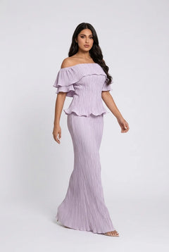 Plissé Pleated Off Shoulder Peplum Column Maxi Dress for Wedding Guests [erp-image:888dbc3fd63a5f87d235e8e6]