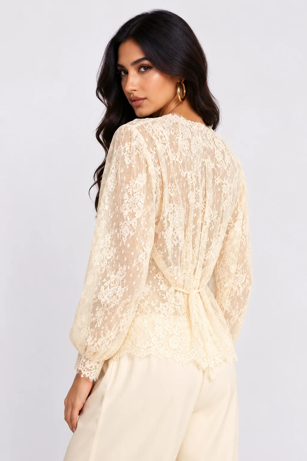 Sheer Floral Lace Deep V-Neck Long Sleeve Blouse Top [erp-image:3e06b9472f42fd832f7aa204]