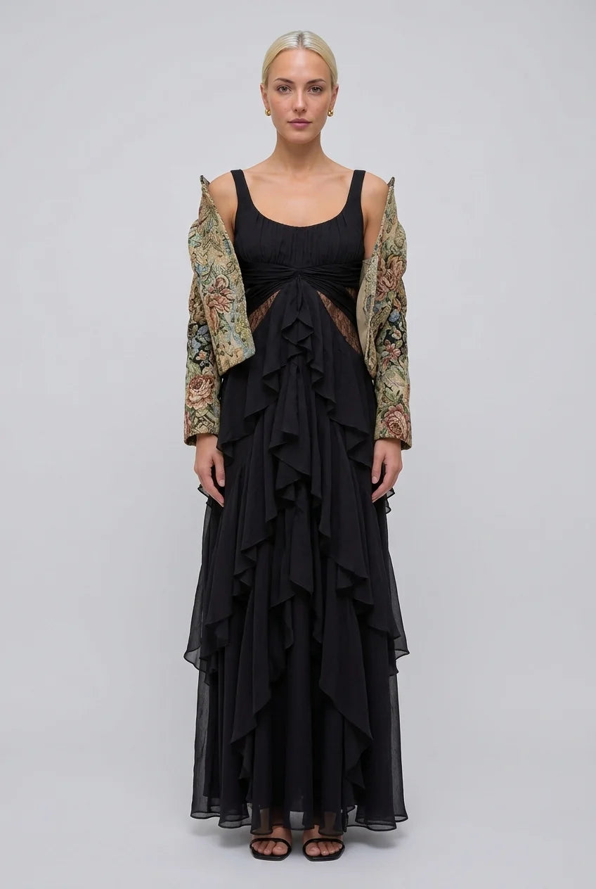 Vintage Brocade Cropped Jacket and Ruffle Maxi Dress Two Piece Set [erp-image:a766d1c2a3b1e6af62129f46]