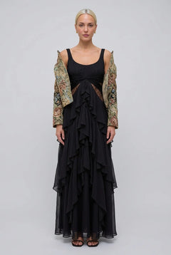 Vintage Brocade Cropped Jacket and Ruffle Maxi Dress Two Piece Set [erp-image:a766d1c2a3b1e6af62129f46]