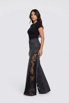 Women's Black High Rise Flare Jeans with Sheer Floral Lace Panels [erp-image:90588a34ad801dac25591652]