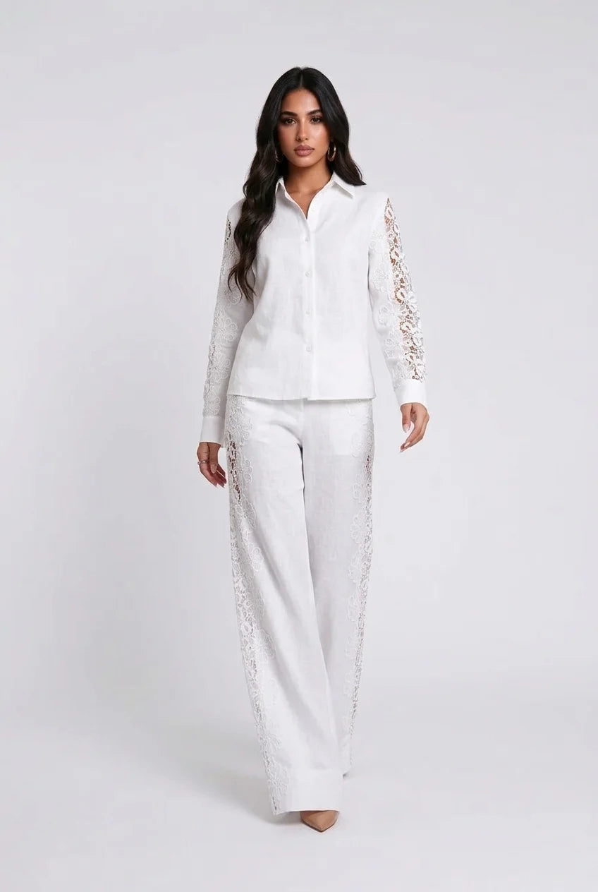 White Lace Panel Long Sleeve Shirt and Wide Leg Pants Two Piece Set [erp-image:13a6cd0dc0bb79fc48526953]