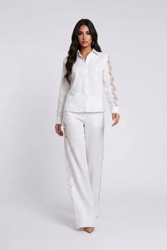 White Lace Panel Long Sleeve Shirt and Wide Leg Pants Two Piece Set [erp-image:13a6cd0dc0bb79fc48526953]