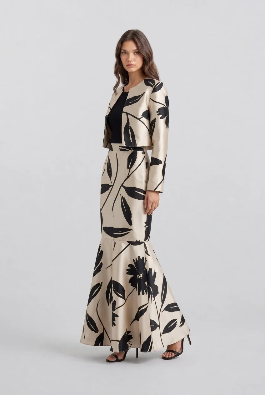 Floral Print Cropped Jacket and High Waisted Mermaid Skirt Two Piece Set [erp-image:34101f053953772e4462a030]