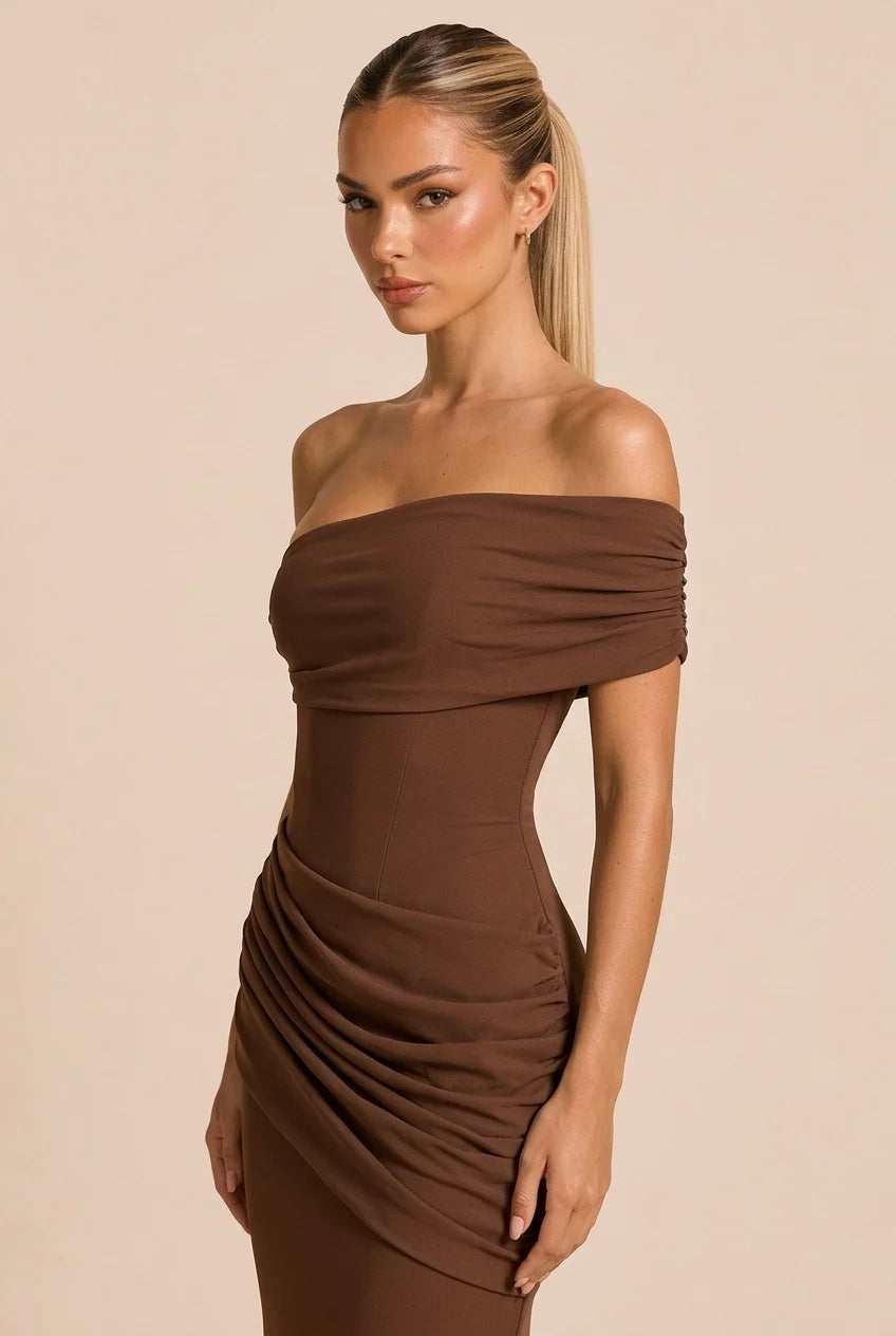 Brown Asymmetric Corset Lace-Up Draped Mermaid Maxi Evening Dress [erp-image:fb22c92a0cde8f4d93d1df9f]