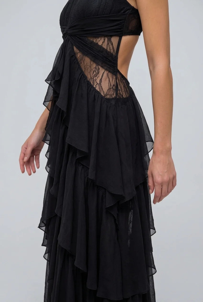 Vintage Brocade Cropped Jacket and Ruffle Maxi Dress Two Piece Set [erp-image:673dad11e62ec085c4aaaa88]