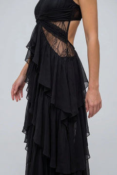 Vintage Brocade Cropped Jacket and Ruffle Maxi Dress Two Piece Set [erp-image:673dad11e62ec085c4aaaa88]