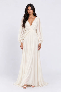 Deep V-Neck Long Sleeve Chiffon Ruched A-Line Maxi Wedding Dress [erp-image:09464b368c4655949975675b]