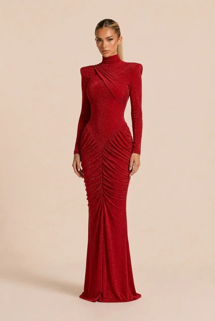 Red Glitter High Neck Ruched Long Sleeve Maxi Evening Dress with Shoulder Pads [erp-image:f4319cd124c2bcc46a07b7a1]