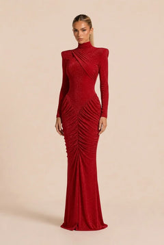 Red Glitter High Neck Ruched Long Sleeve Maxi Evening Dress with Shoulder Pads [erp-image:f4319cd124c2bcc46a07b7a1]