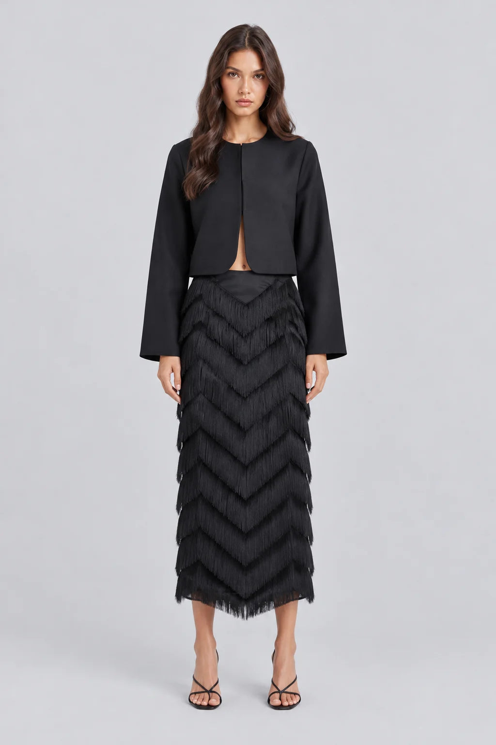 Black Cropped Long Sleeve Jacket and Chevron Fringe Midi Skirt Two Piece Set [erp-image:f25f3e5ba34d7fdd00db1beb]