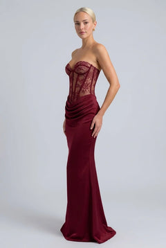 Burgundy Strapless Lace Corset Draped Bodice Floor Length Evening Maxi Dress [erp-image:5df121cc393b4bc44012c30a]