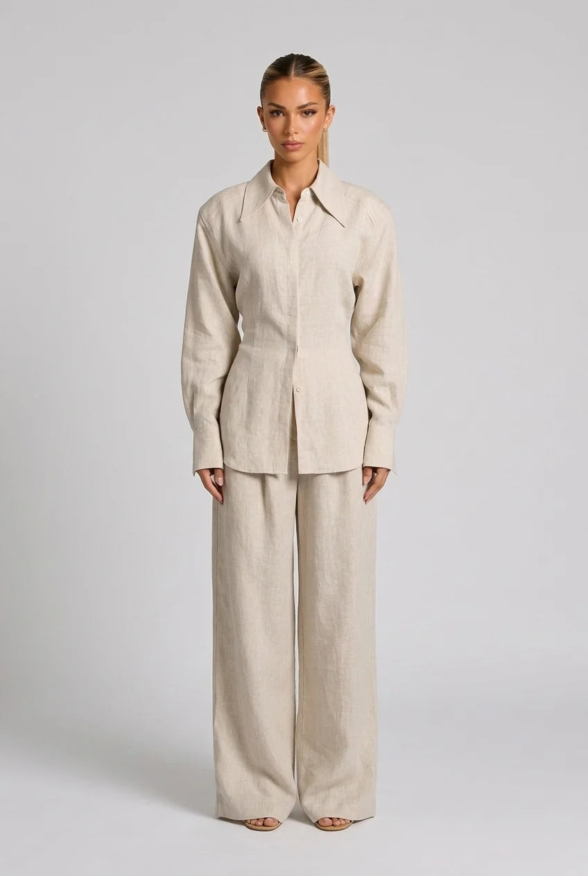 Long Sleeve Button Down Shirt and Wide Leg Pants Two Piece Set [erp-image:e51171e975570b201bf6f4be]