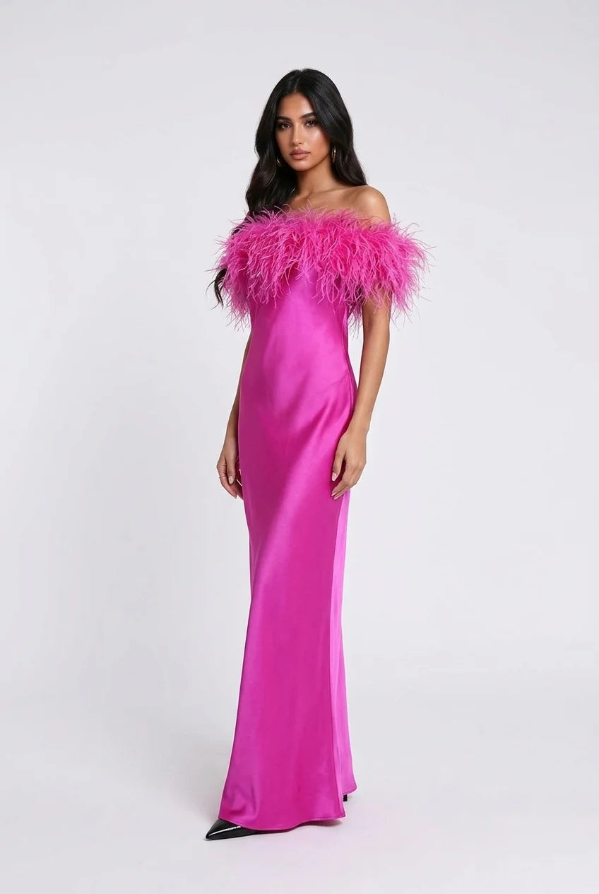 Feather Trim Off-the-Shoulder Satin Column Maxi Dress [erp-image:d271d8f387590aa0f4d7d003]