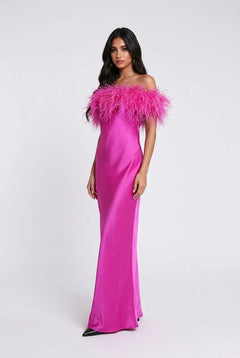 Feather Trim Off-the-Shoulder Satin Column Maxi Dress [erp-image:d271d8f387590aa0f4d7d003]